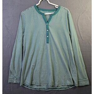 Lands‎ End Top Womens Large Striped Henley Green Stretch Modal Long Sleeve